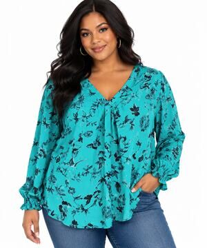 Belle by Kim Gravel Women’s Large Aqua Floral Blouse Long Sleeve V-Neck Top
